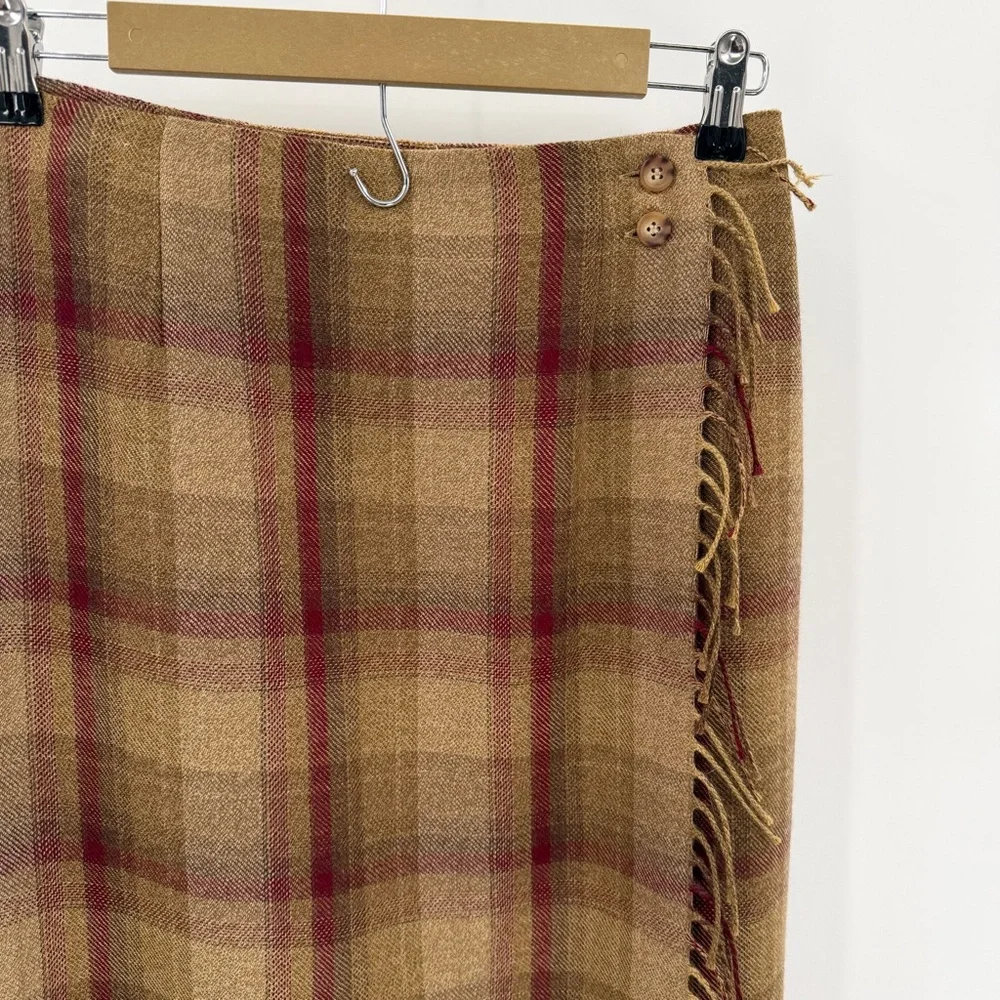 Talbots Wrap Skirt Womens 8 Tan Burgundy Tartan Plaid Wool Fringed Long VTG READ